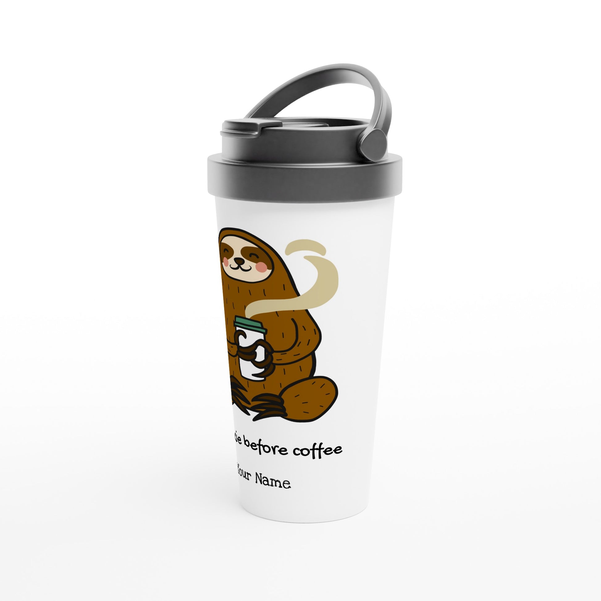 Personalised - No Talkie Before Coffee, Sloth - White 15oz Stainless Steel Travel Mug Personalised Travel Mug animal Coffee Customise Globally Fulfilled Personalise