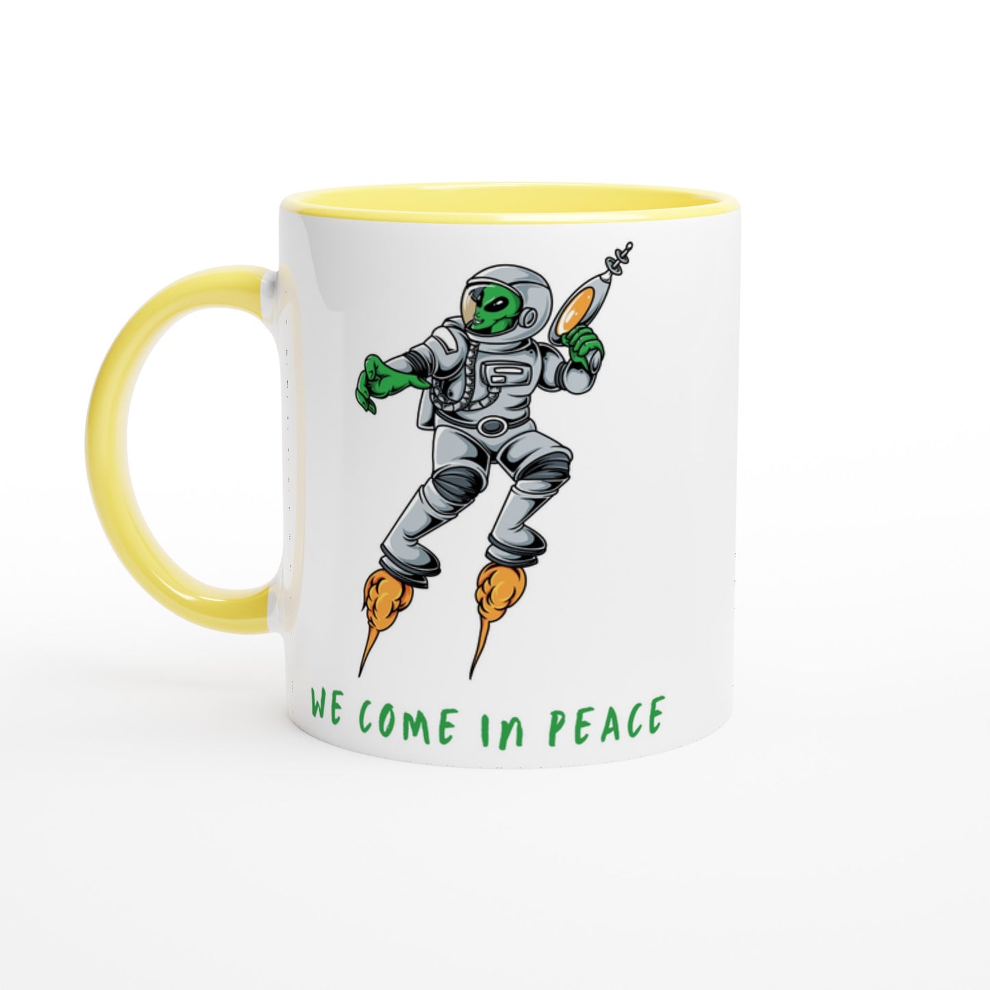 Alien, We Come In Peace - White 11oz Ceramic Mug with Colour Inside Ceramic Yellow Colour 11oz Mug funny Globally Fulfilled Sci Fi