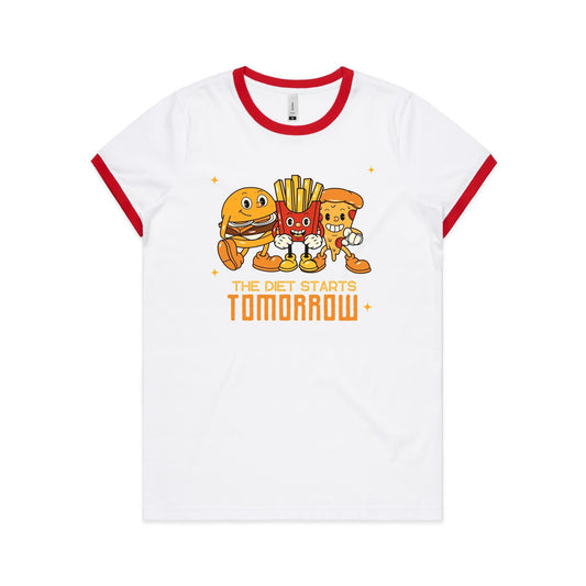 The Diet Starts Tomorrow, Hamburger, Fries, Pizza - Women's Ringer Tee