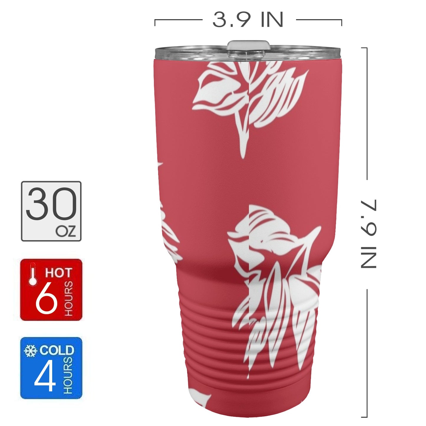 Red Retro Foliage, Hawaiian Flower - 30oz Insulated Stainless Steel Mobile Tumbler