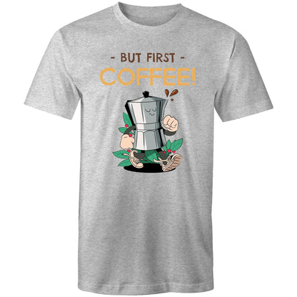 But First Coffee - Mens T-Shirt Grey Marle Mens T-shirt Coffee Retro