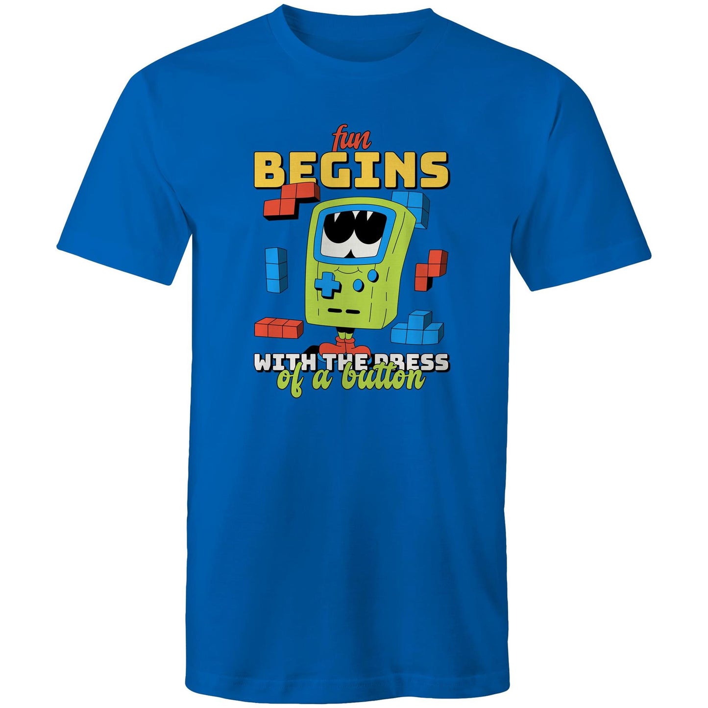 Fun Begins With The Press Of A Button, Video Game - Mens T-Shirt Bright Royal Mens T-shirt Games Printed In Australia