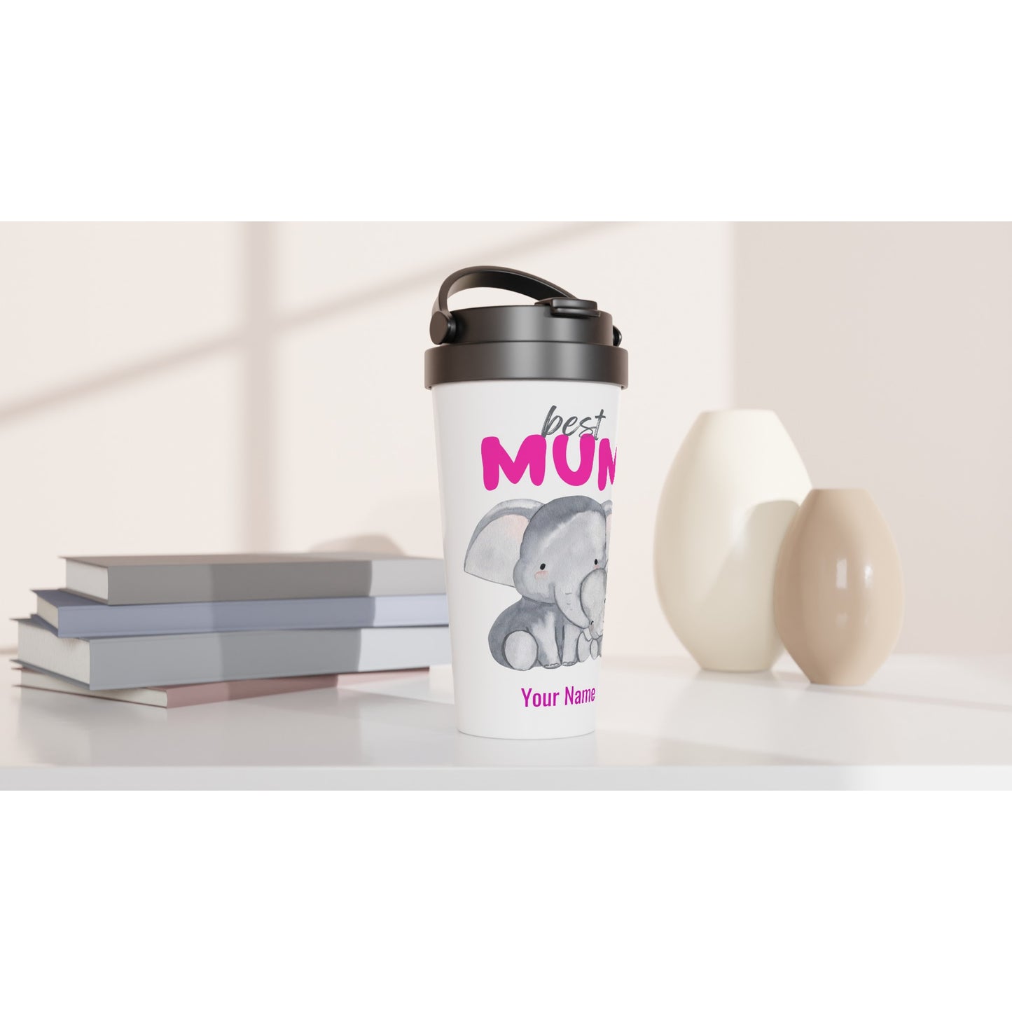 Personalised - Best Mum, Cute Elephants - White 15oz Stainless Steel Travel Mug Personalised Travel Mug animal Mum