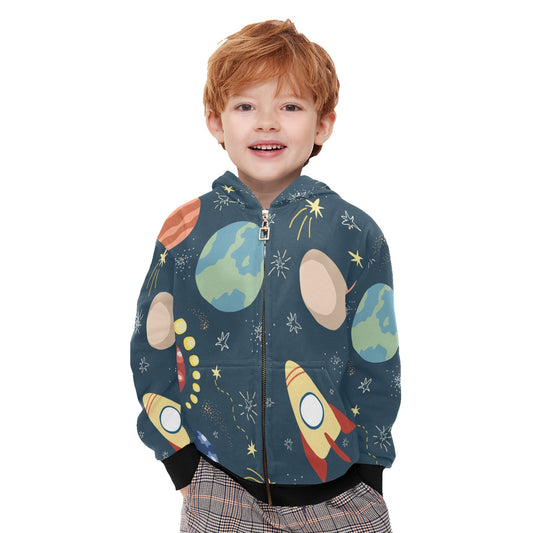 Rocket and Planets In Space - Junior Boys Zip Up Hoodie