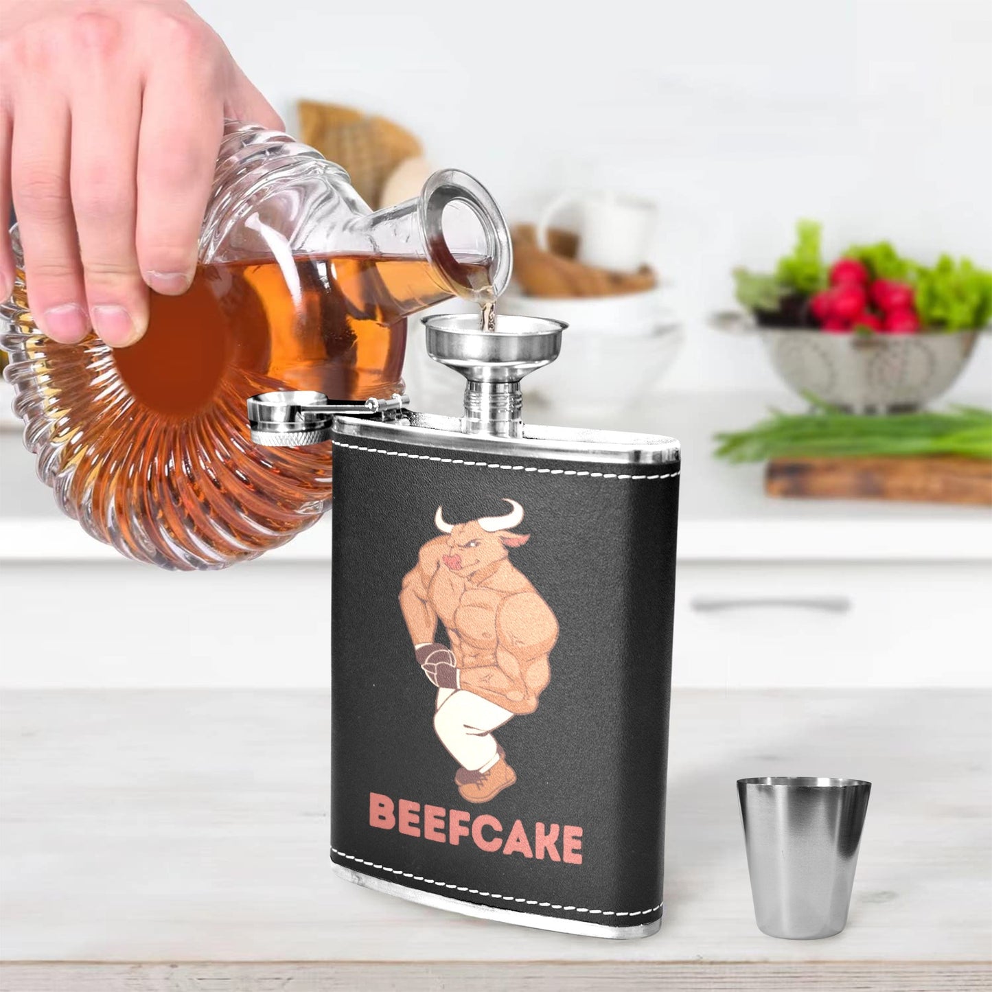 Beefcake - 8oz Black Leather Hip Flask 8oz Black Leather Hip Flask Printed Offshore