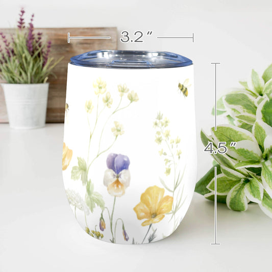 Flowers And Bee - 12oz Wine Tumbler 12oz Wine Tumbler animal Plants Printed Offshore