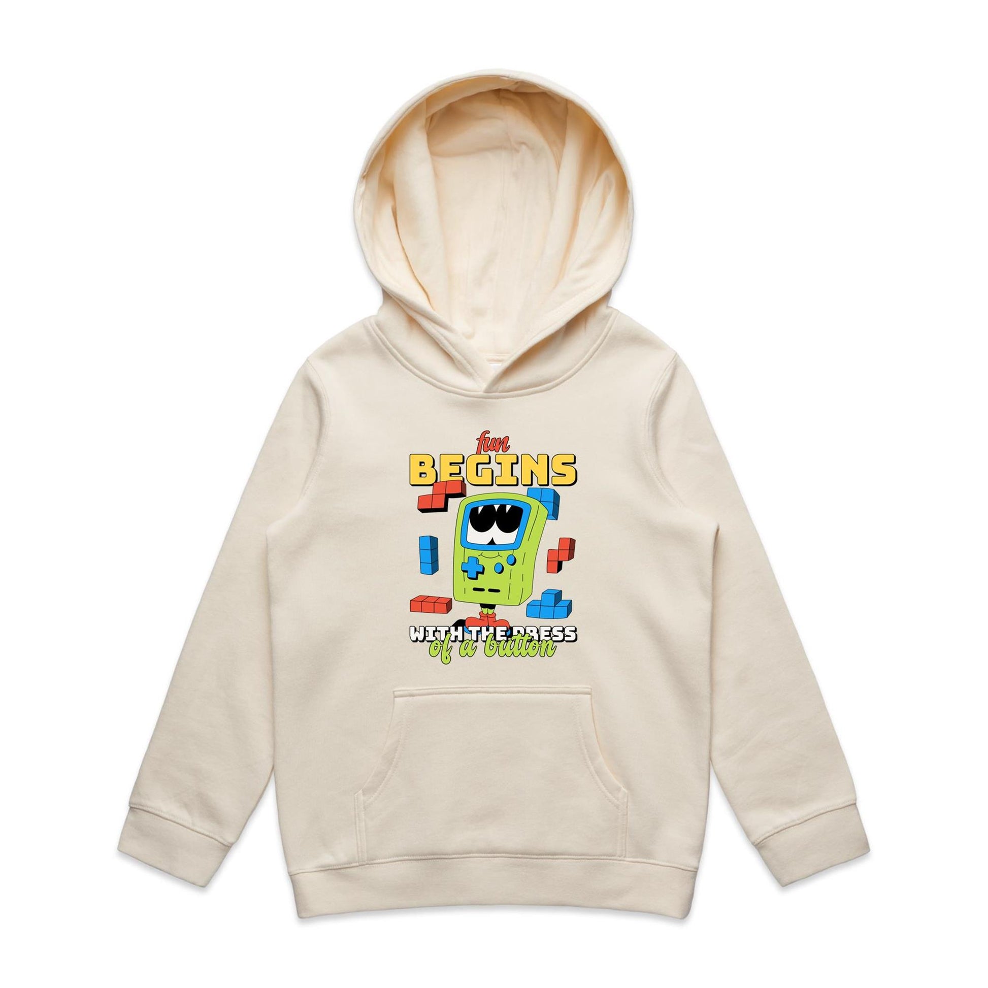 Fun Begins With The Press Of A Button, Games - Youth Supply Hood Ecru Kids Hoodie Games