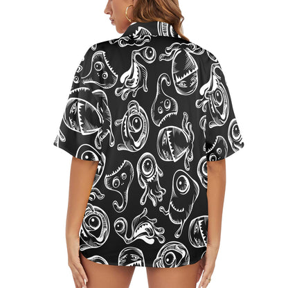 Monsters In Black And White - Womens Hawaiian Shirt