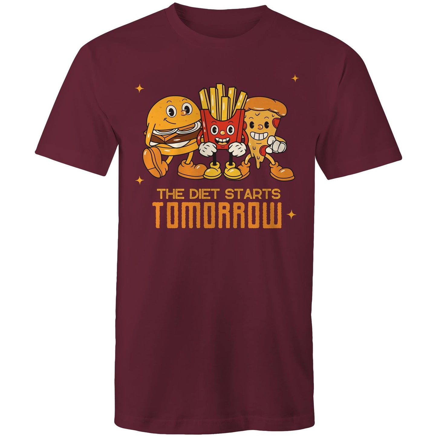 The Diet Starts Tomorrow, Hamburger, Pizza, Fries - Mens T-Shirt Burgundy Mens T-shirt Food Funny Retro