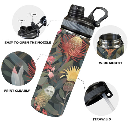 Australian Native Flowers - Insulated Water Bottle with Dual-Use Lid (18oz)