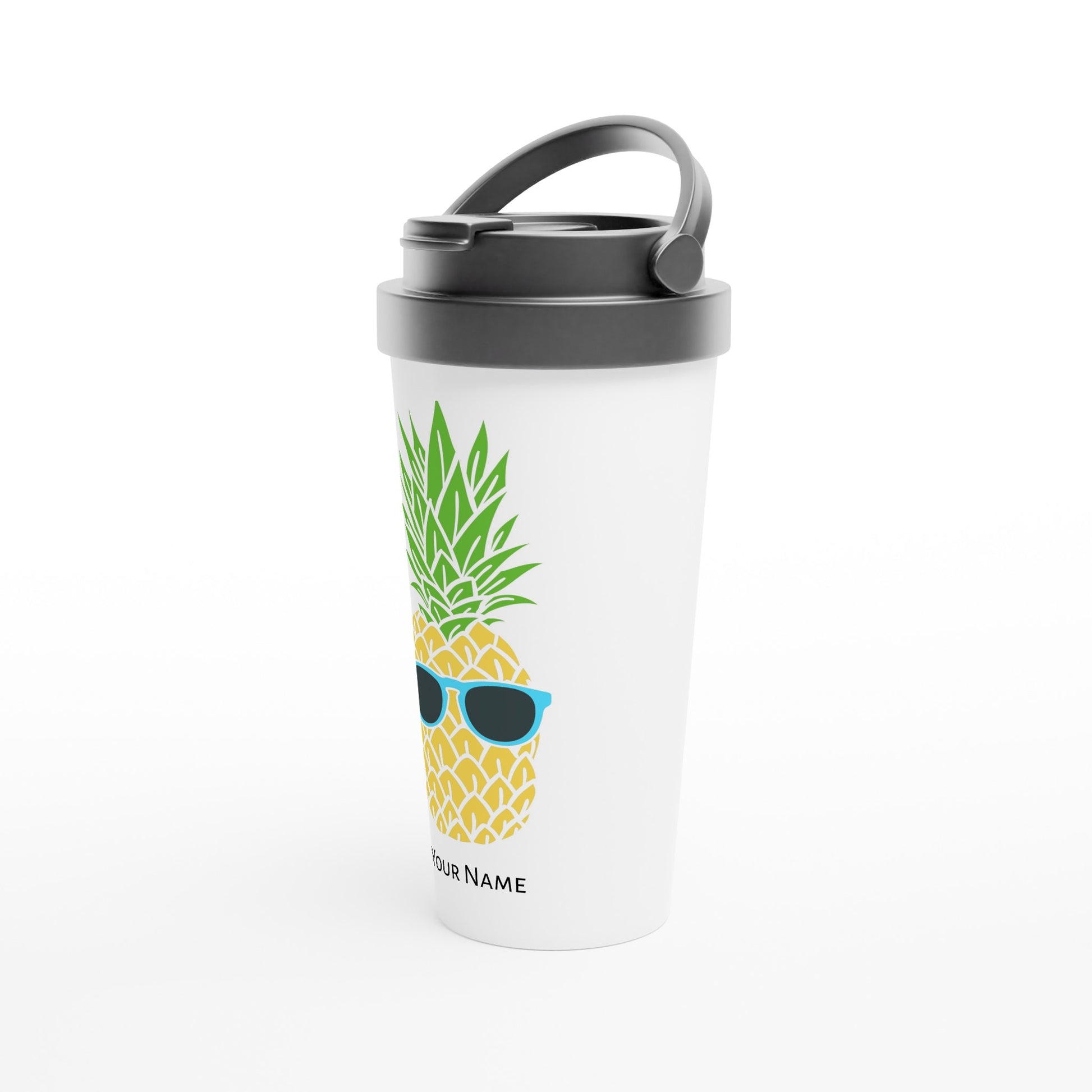 Personalised - Pineapple With Glasses - White 15oz Stainless Steel Travel Mug Personalised Travel Mug Food