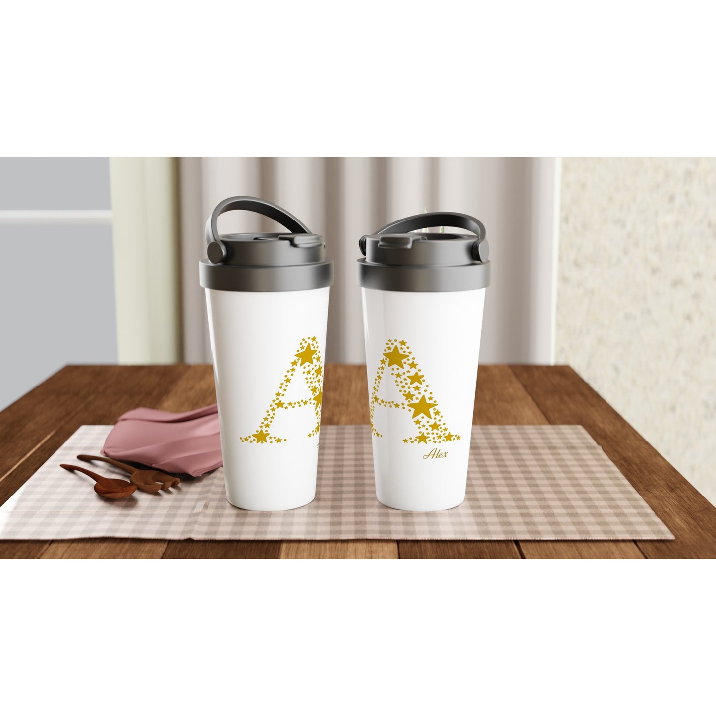 Personalised - Star Initial - White 15oz Stainless Steel Travel Mug Personalised Travel Mug