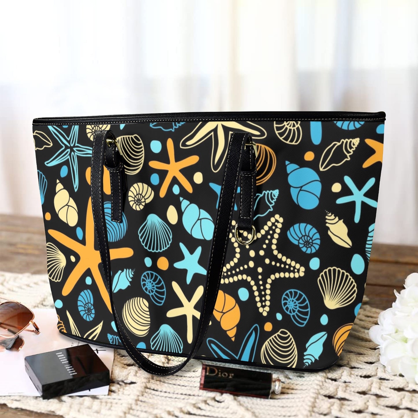 Starfish And Shells - Leather Tote Bag-Large