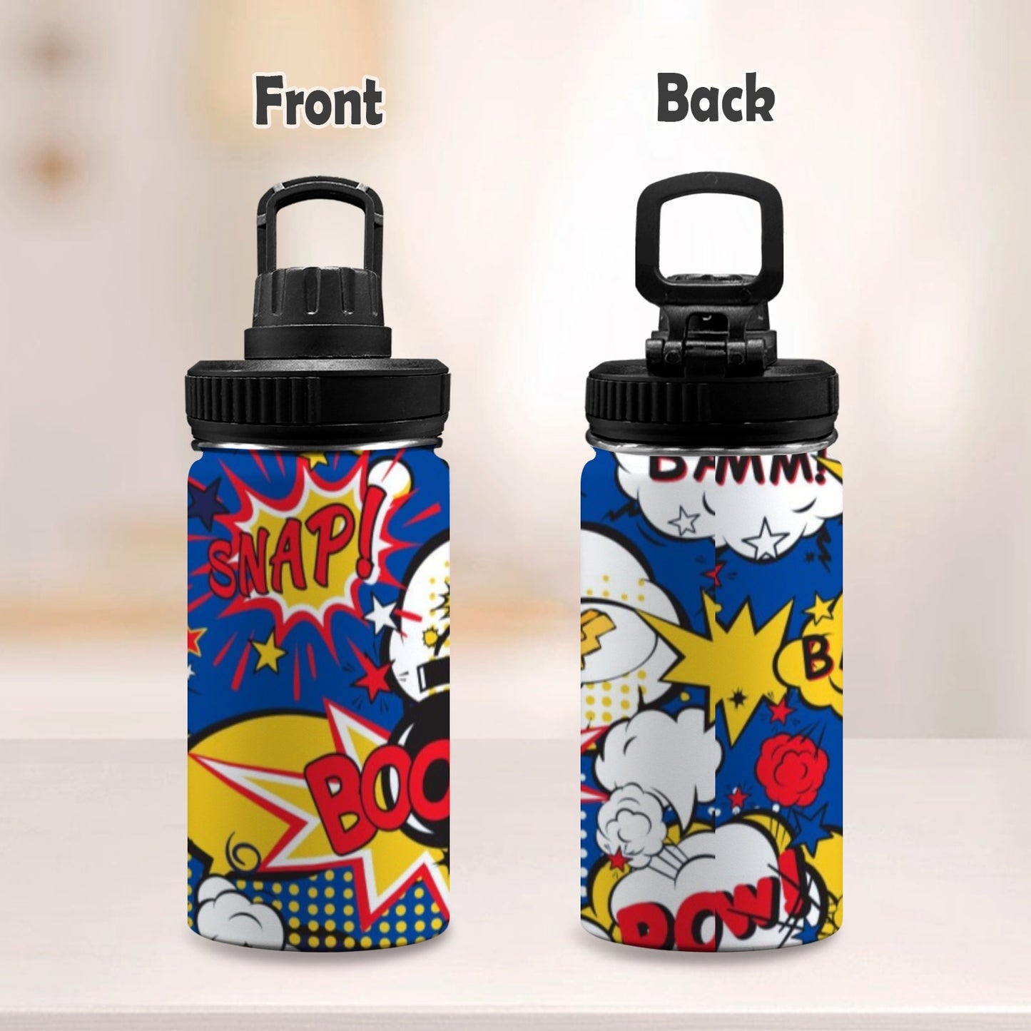 Blue Comic Book - Kids Water Bottle with Chug Lid (12 oz)