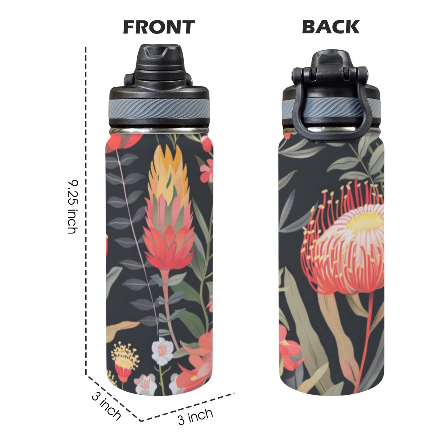 Australian Waratah Flower - Insulated Water Bottle with Dual-Use Lid (18oz)