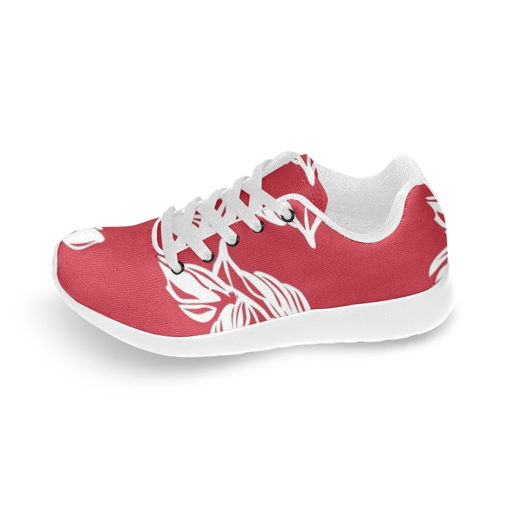 Red Retro Foliage, Hawaiian Flower - Kids Sneakers