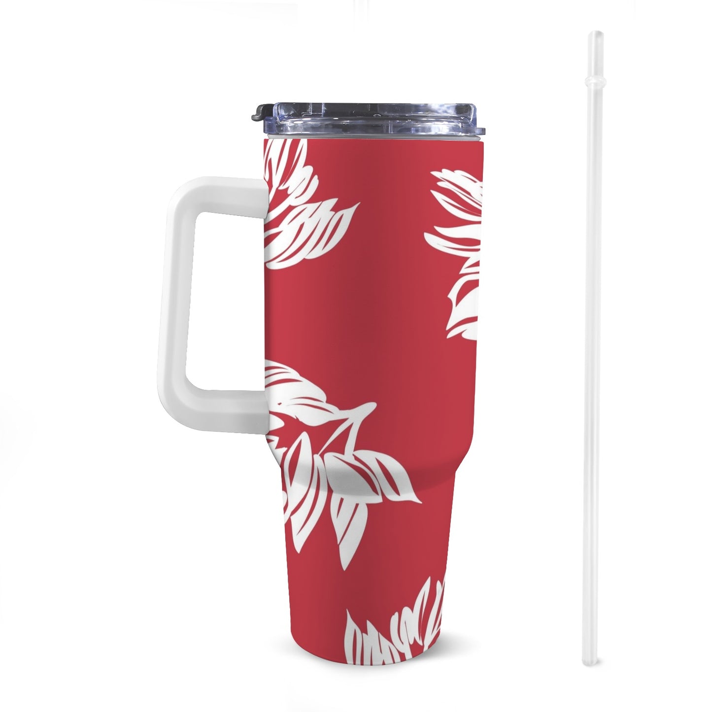 Red Retro Foliage, Hawaiian Flower - 40oz Tumbler with White Handle