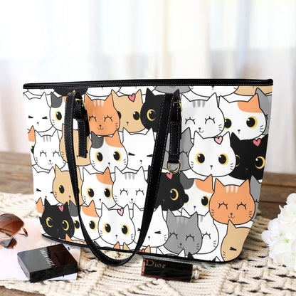 Cute Cartoon Cats - Leather Tote Bag-Large