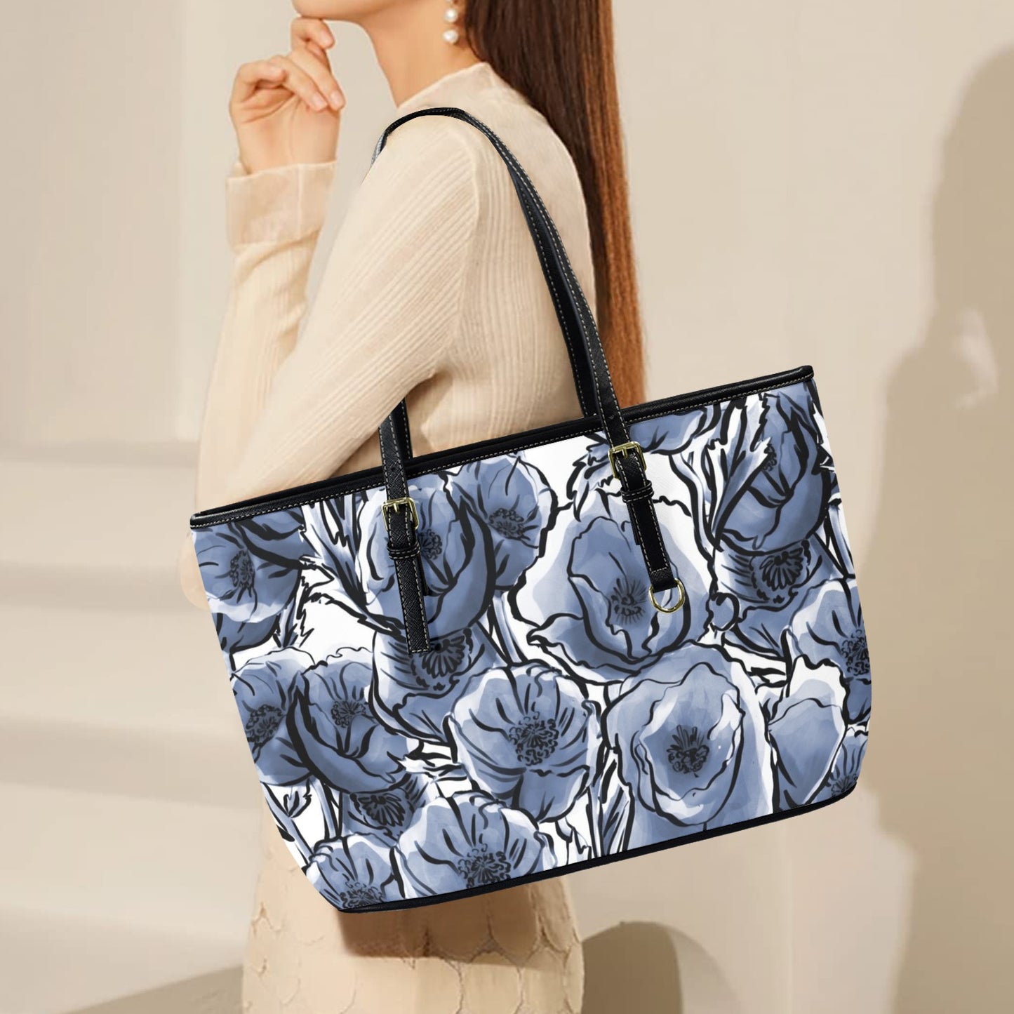 Blue And White Floral - Leather Tote Bag-Large