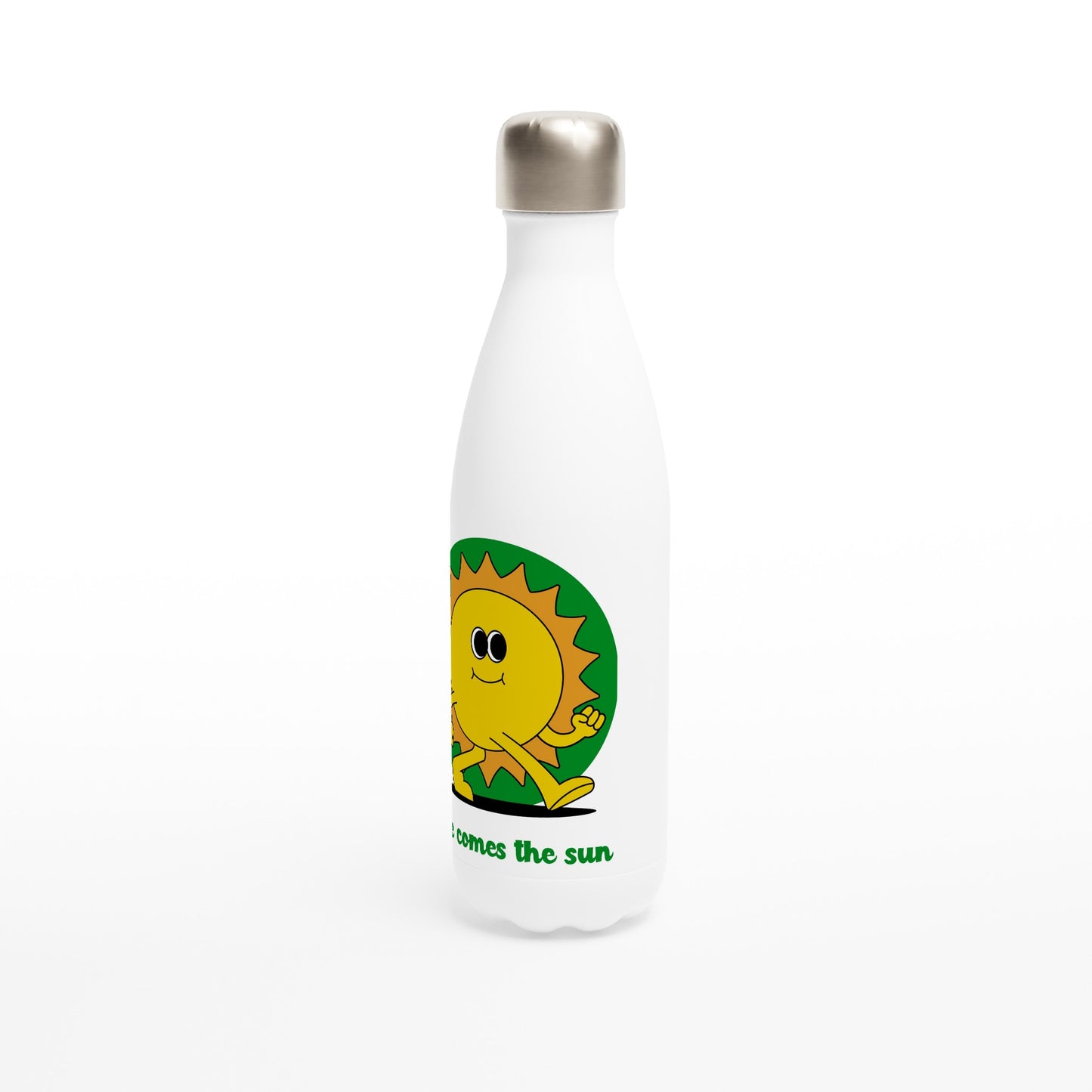 Here Comes The Sun - White 17oz Stainless Steel Water Bottle White Water Bottle Globally Fulfilled Retro Summer