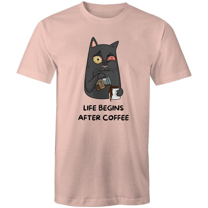 Cat, Life Begins After Coffee - Mens T-Shirt Pale Pink Mens T-shirt animal Coffee Funny