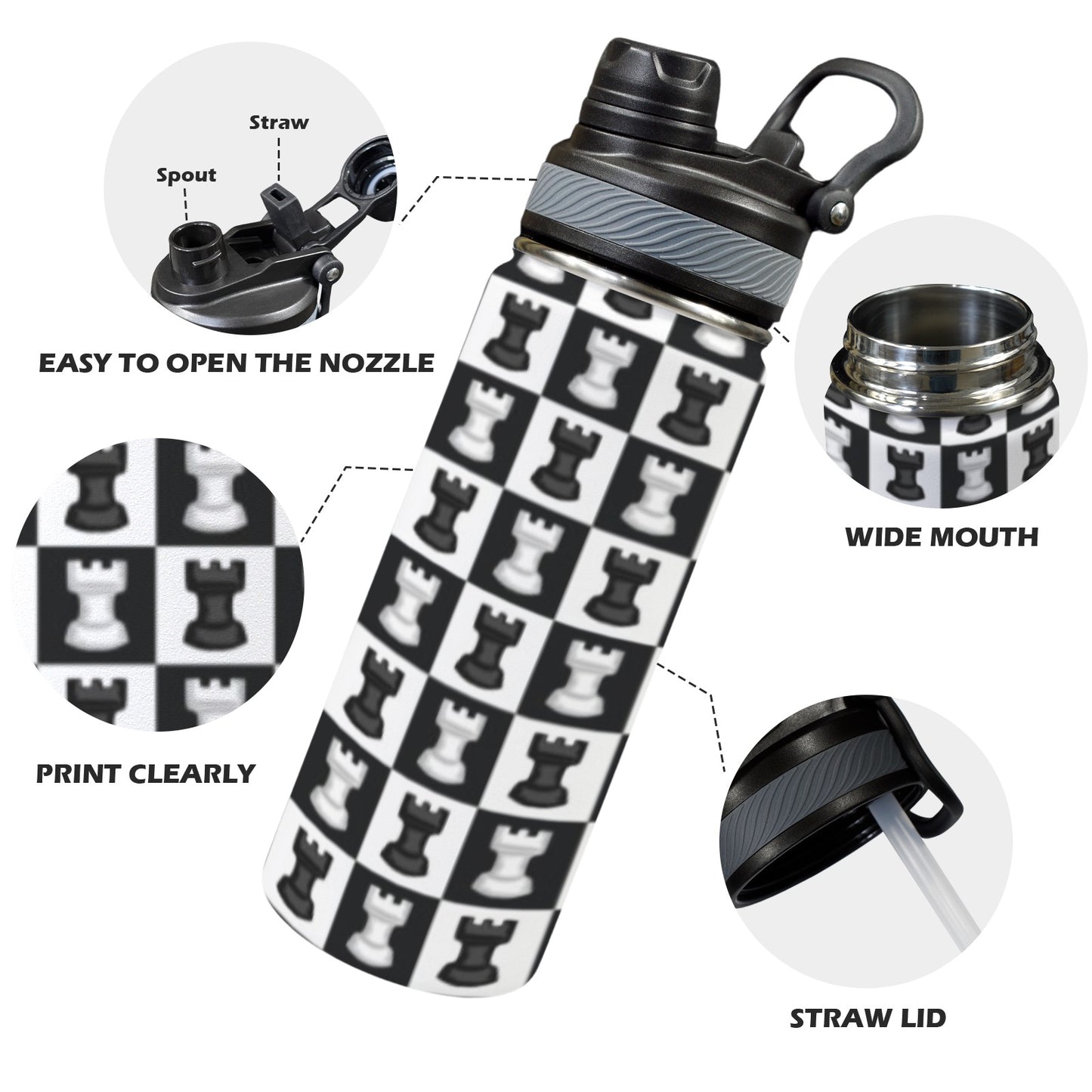 Chess Black And White - Insulated Water Bottle with Dual-Use Lid (18oz) Insulated Water Bottle with Dual-Use Lid (18oz) Chess Games Printed Offshore