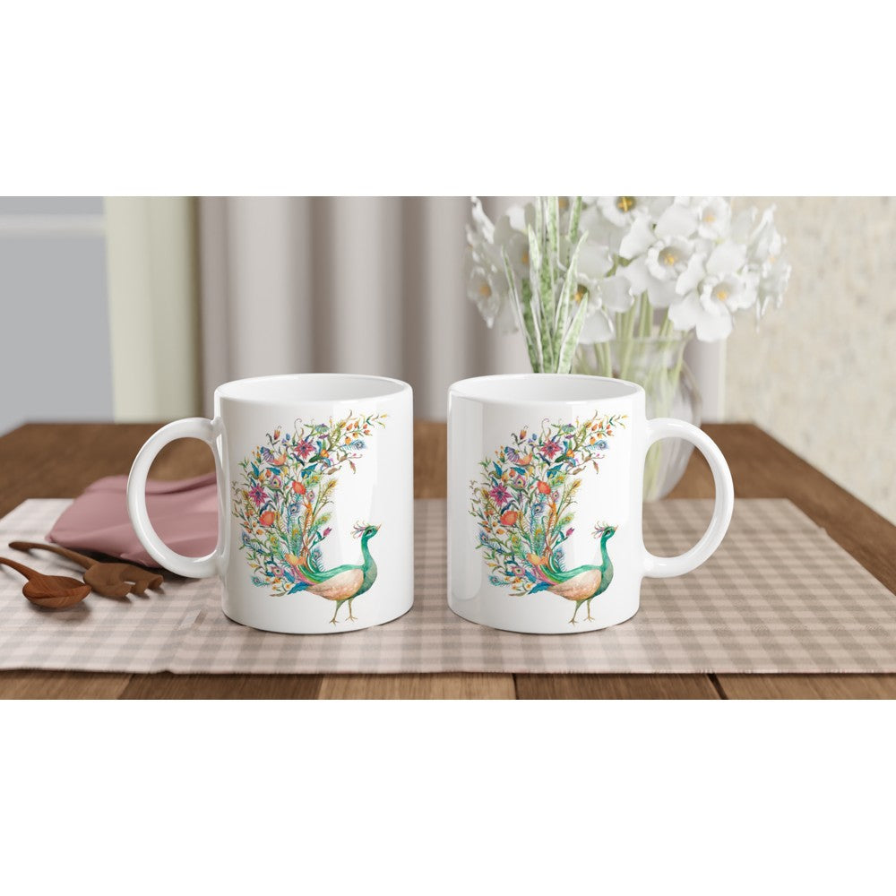 Flower Peacock - White 11oz Ceramic Mug White 11oz Mug animal coffee Globally Fulfilled tea