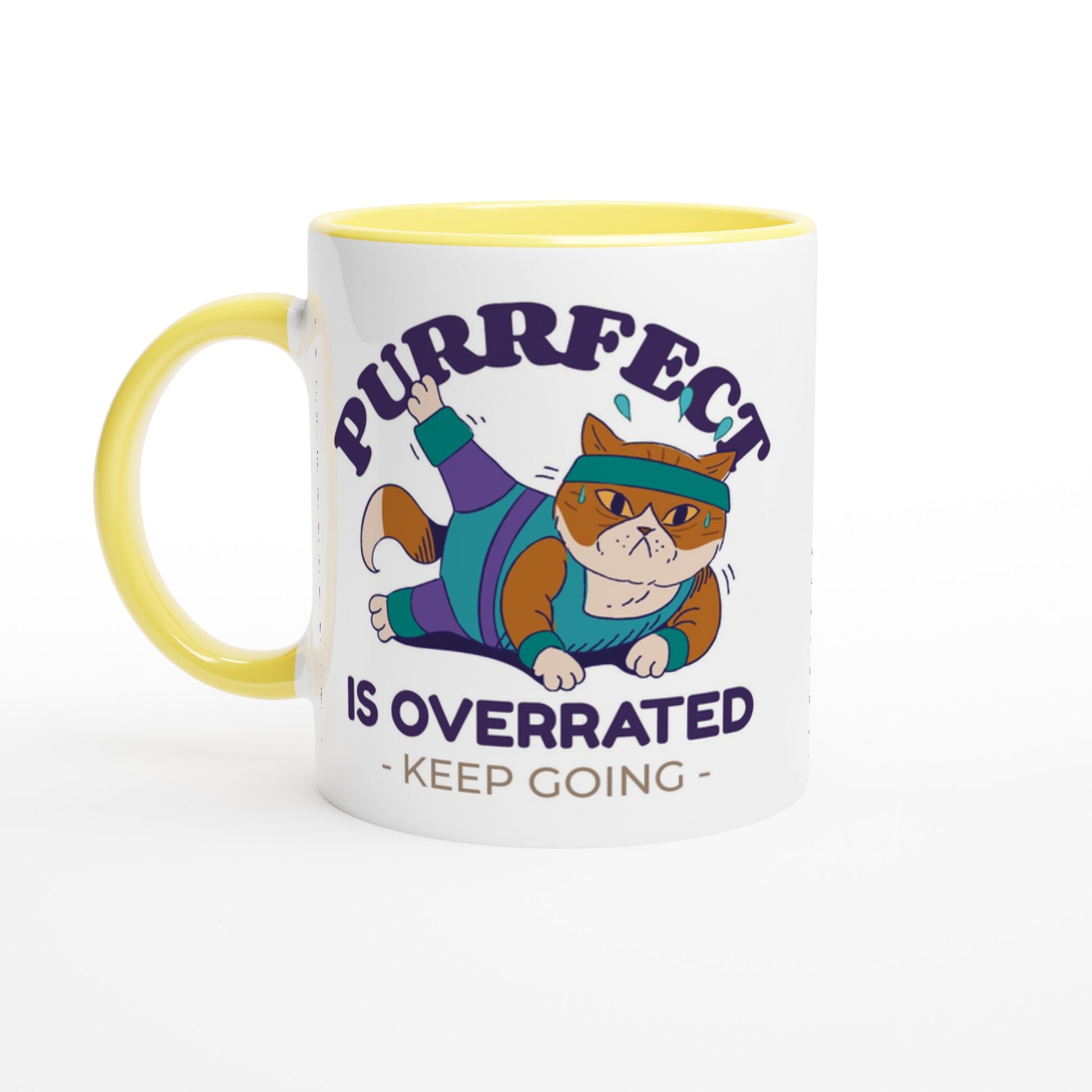 Purrfect Is Overrated - White 11oz Ceramic Mug with Colour Inside Ceramic Yellow Colour 11oz Mug animal Fitness