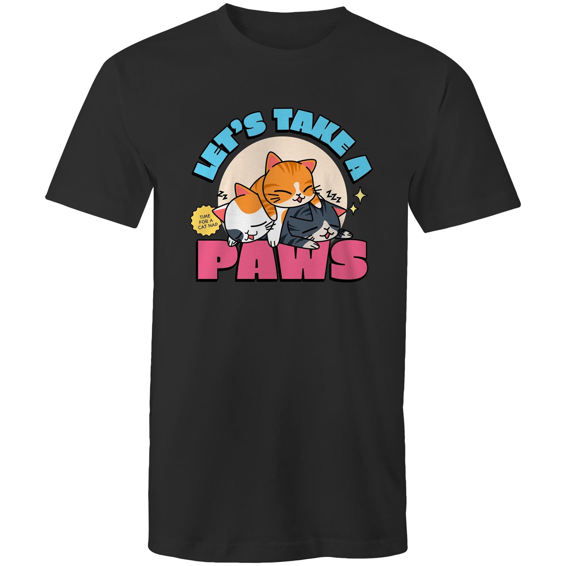 Let's Take A Paws, Time For A Cat Nap - Mens T-Shirt Black Mens T-shirt animal