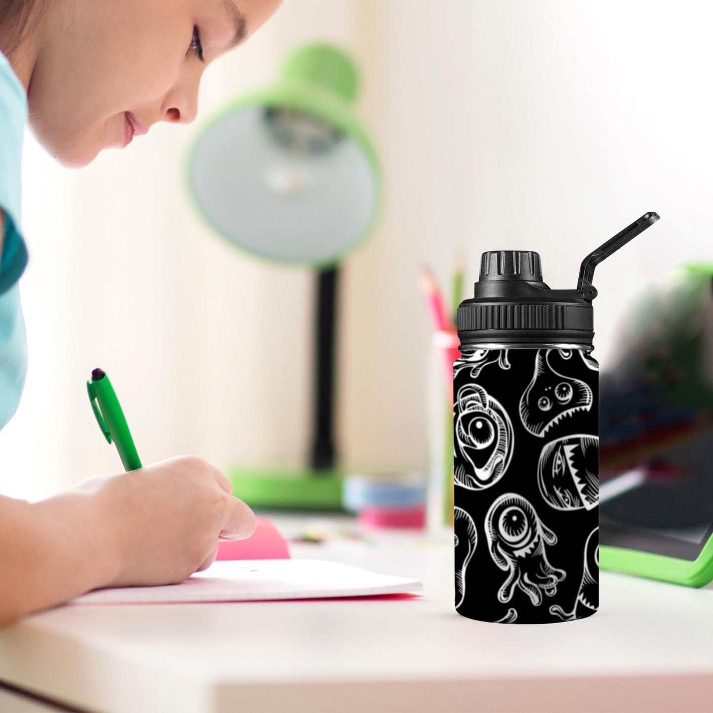 Monsters In Black And White Kids Water Bottle with Chug Lid (12 oz)