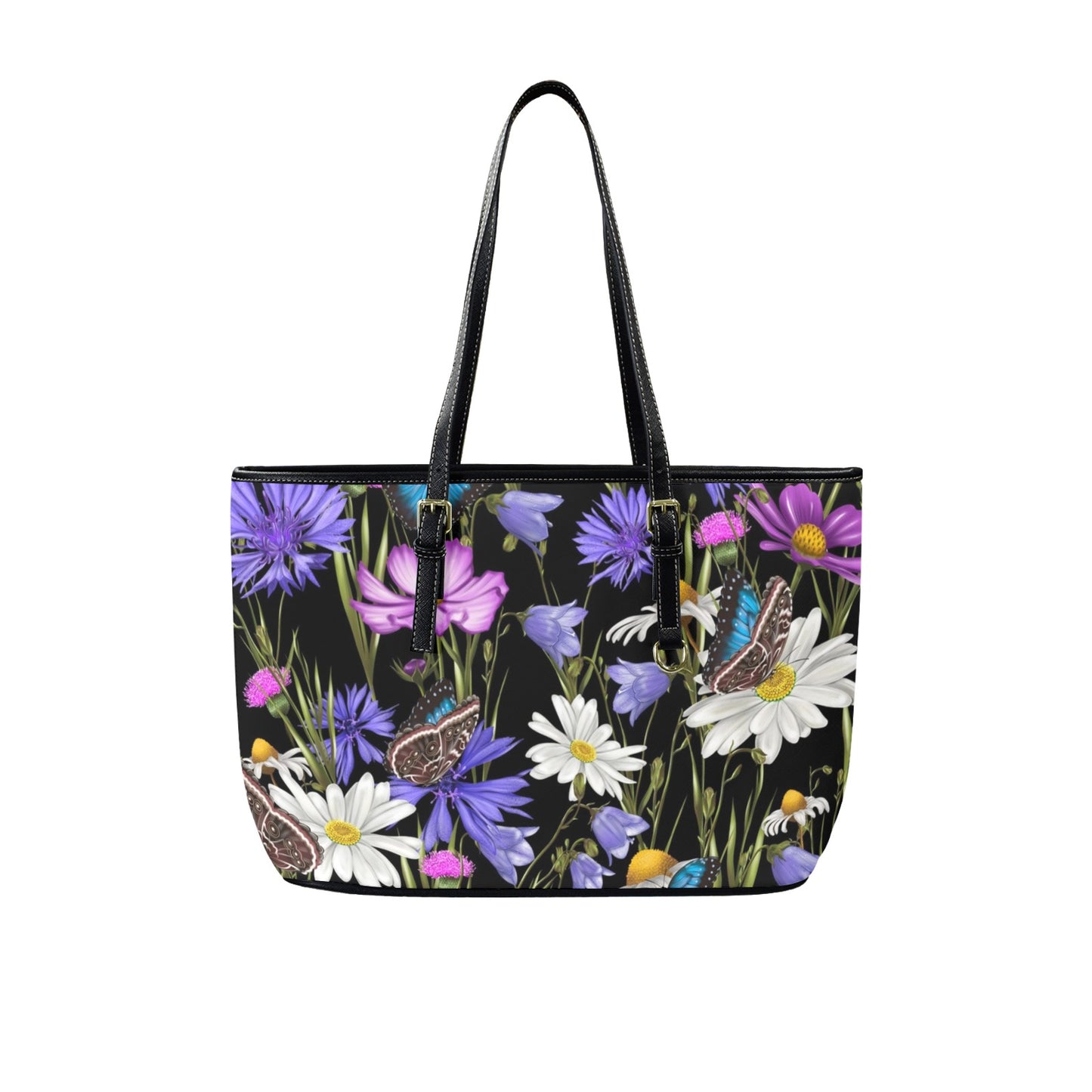 Butterfly Flowers - Leather Tote Bag-Large