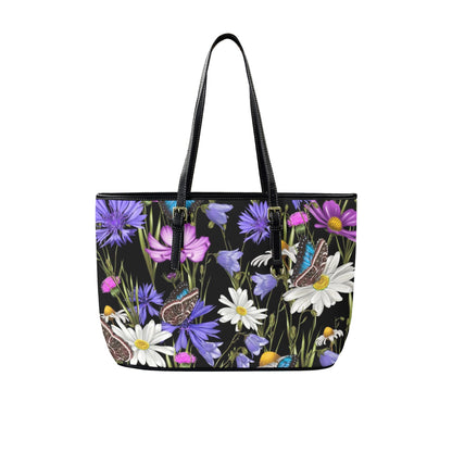 Butterfly Flowers - Leather Tote Bag-Large