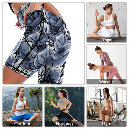 Blue And White Floral - Womens Knee-Length Yoga Shorts Yoga Shorts Plants Printed Offshore