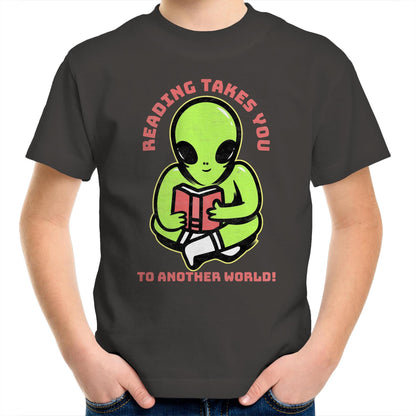 Reading Takes You To Another World, Alien - Kids Youth T-Shirt Charcoal Kids Youth T-shirt Reading Sci Fi