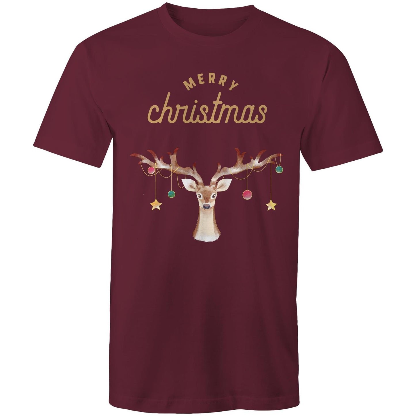 Merry Christmas, Reindeer - Mens T-Shirt Burgundy Mens Christmas T-shirt Christmas Printed In Australia