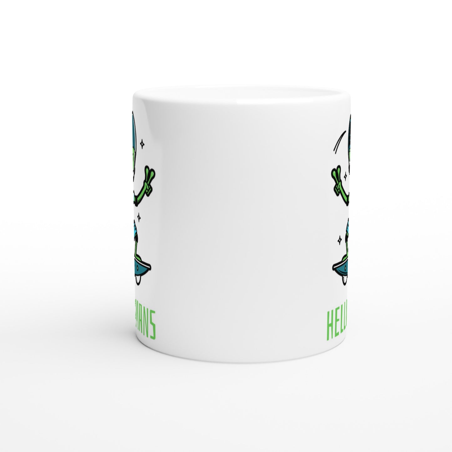 Hello Humans, Alien Skateboard - White 11oz Ceramic Mug White 11oz Mug Globally Fulfilled Sci Fi