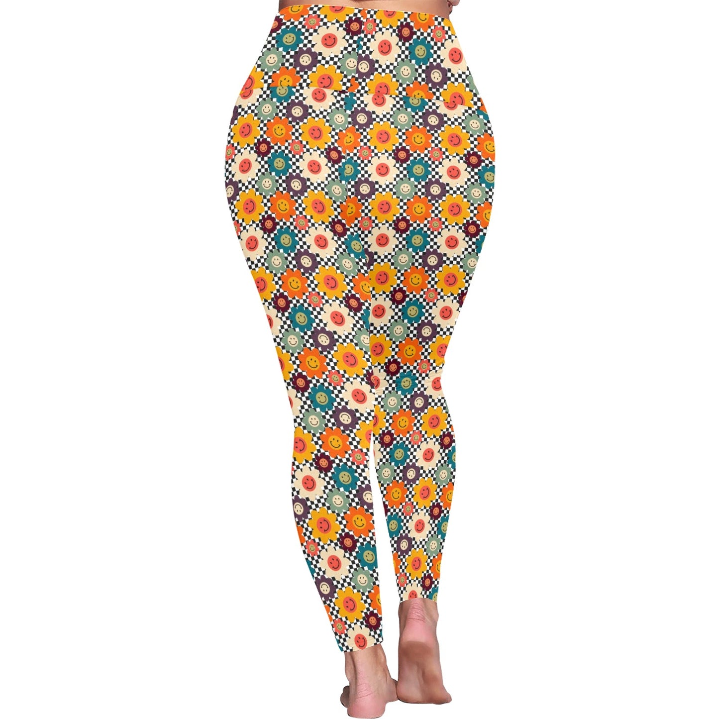 Happy Retro Flowers - Womens High Waist Leggings (Sizes 16-22)