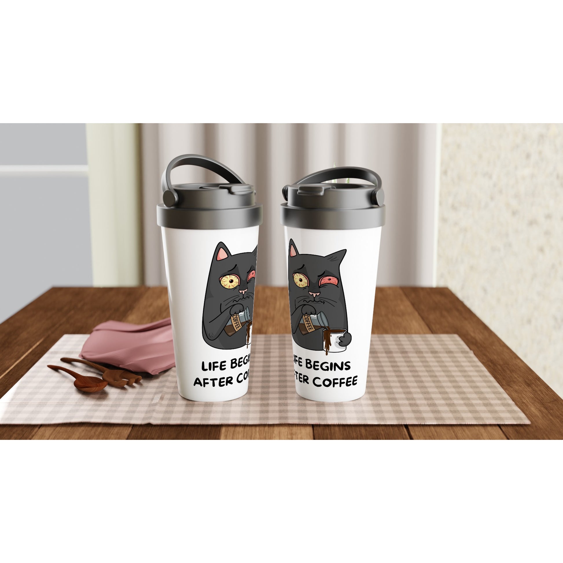 Cat, Life Begins After Coffee - White 15oz Stainless Steel Travel Mug Travel Mug animal Coffee Globally Fulfilled