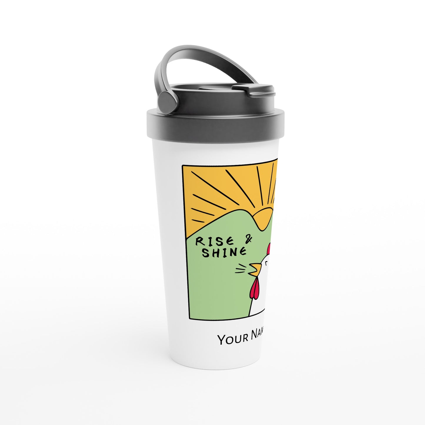 Personalised - Rise And Shine, Rooster Morning - White 15oz Stainless Steel Travel Mug Personalised Travel Mug animal Customise Globally Fulfilled Personalise