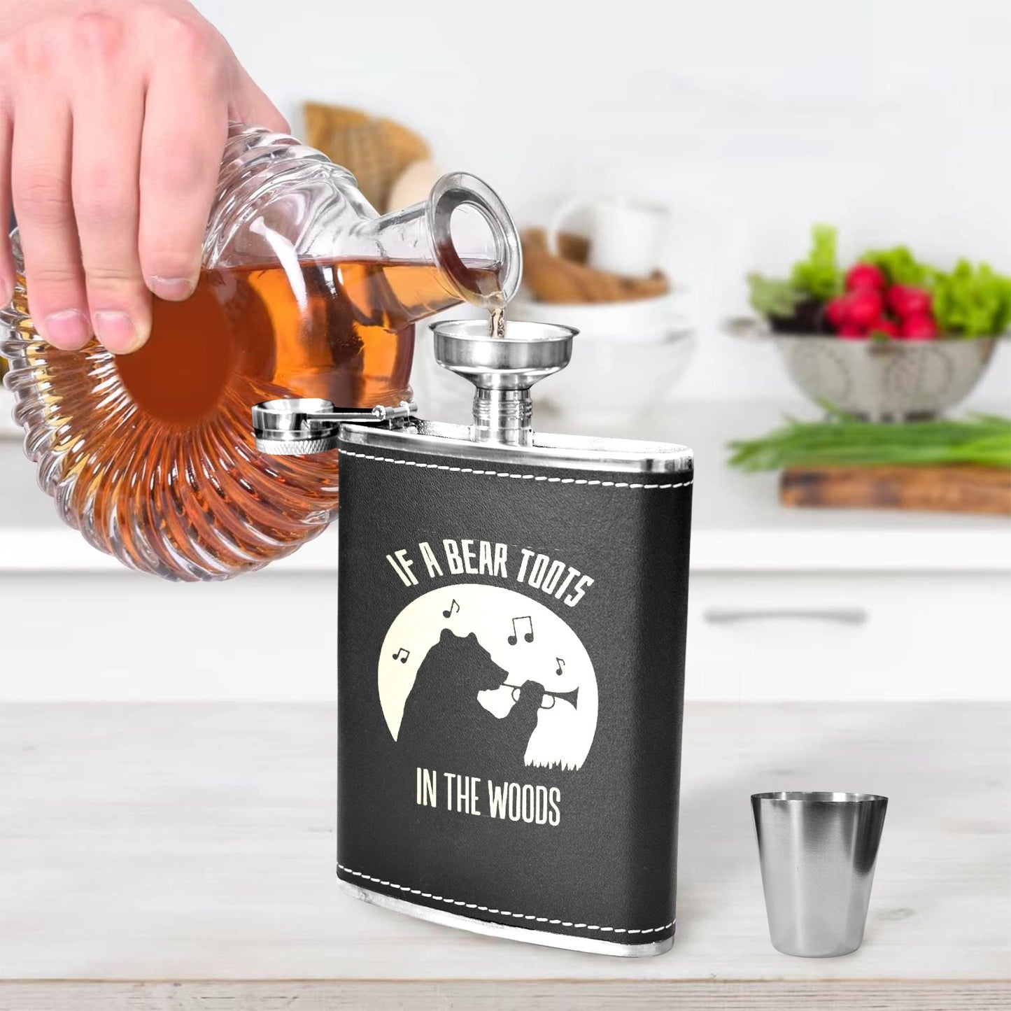 If A Bear Toots In The Woods - 8oz Black Leather Hip Flask 8oz Black Leather Hip Flask Printed Offshore