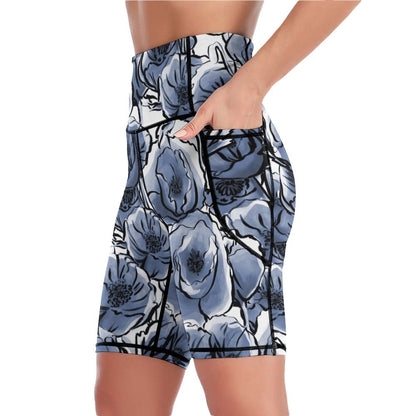 Blue And White Floral - Womens Knee-Length Yoga Shorts Yoga Shorts Plants Printed Offshore