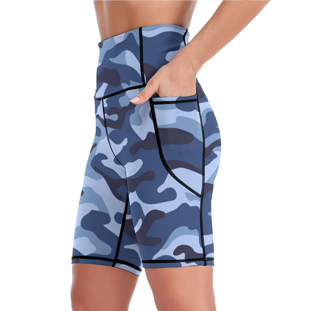 Blue Camouflage - Womens Knee-Length Yoga Shorts Yoga Shorts