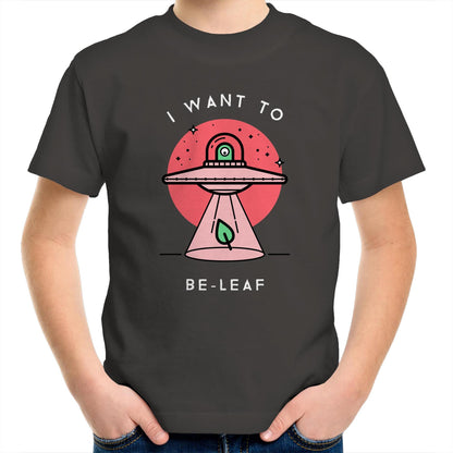 I Want To Be-Leaf, UFO - Kids Youth T-Shirt Charcoal Kids Youth T-shirt Sci Fi
