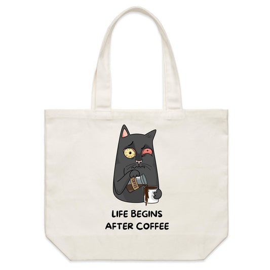 Cat, Life Begins After Coffee - Shoulder Canvas Tote Bag Default Title Shoulder Tote Bag animal Coffee