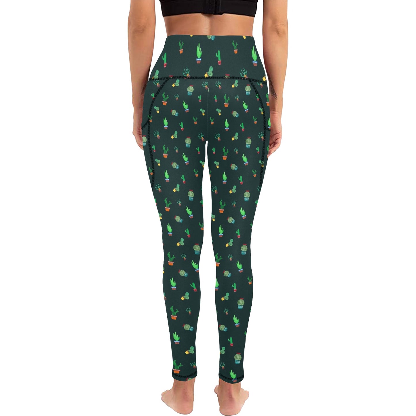 Cactus On Black - Women's Leggings with Pockets