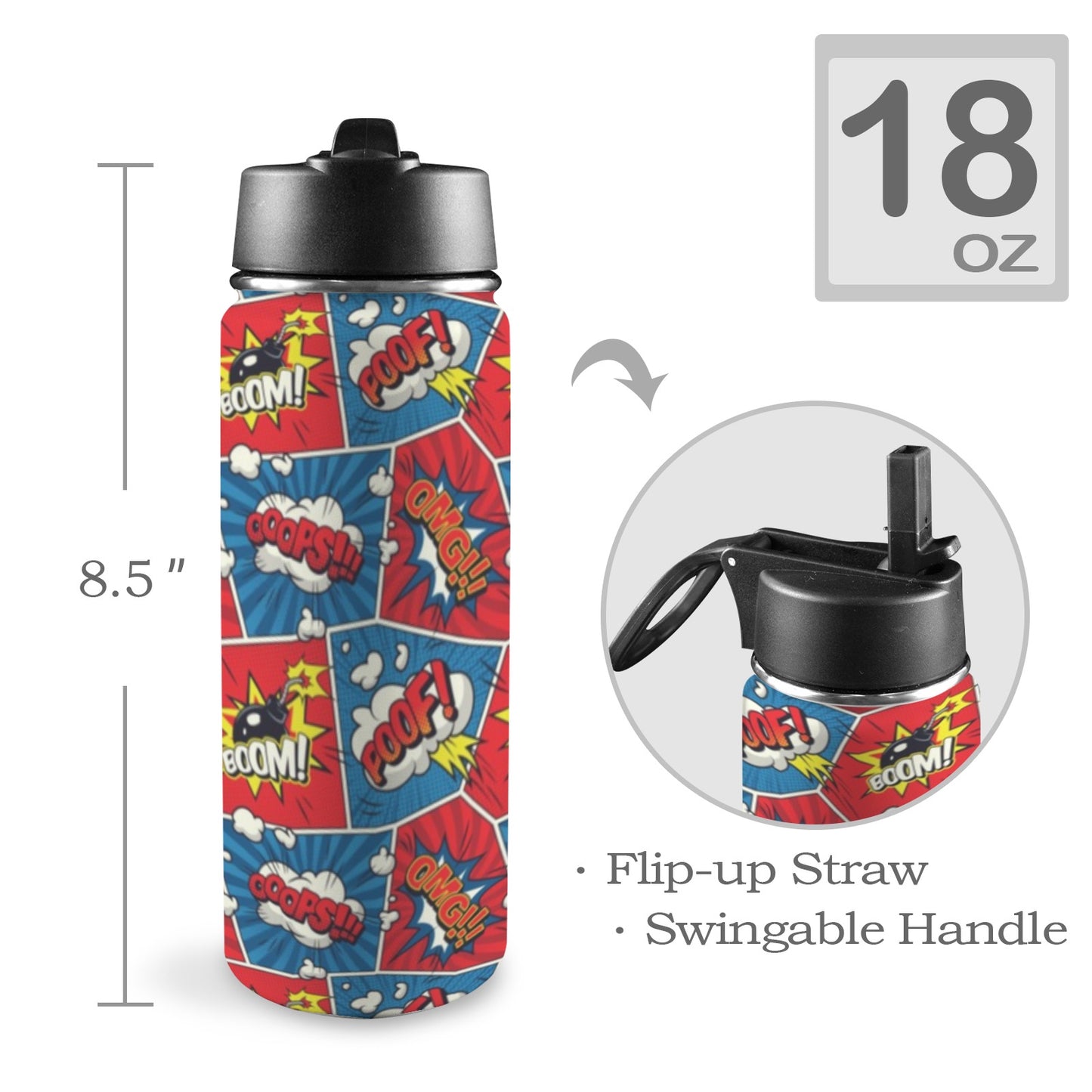 Comic Book Pop - Insulated Water Bottle with Straw Lid (18oz) Insulated Water Bottle with Swing Handle