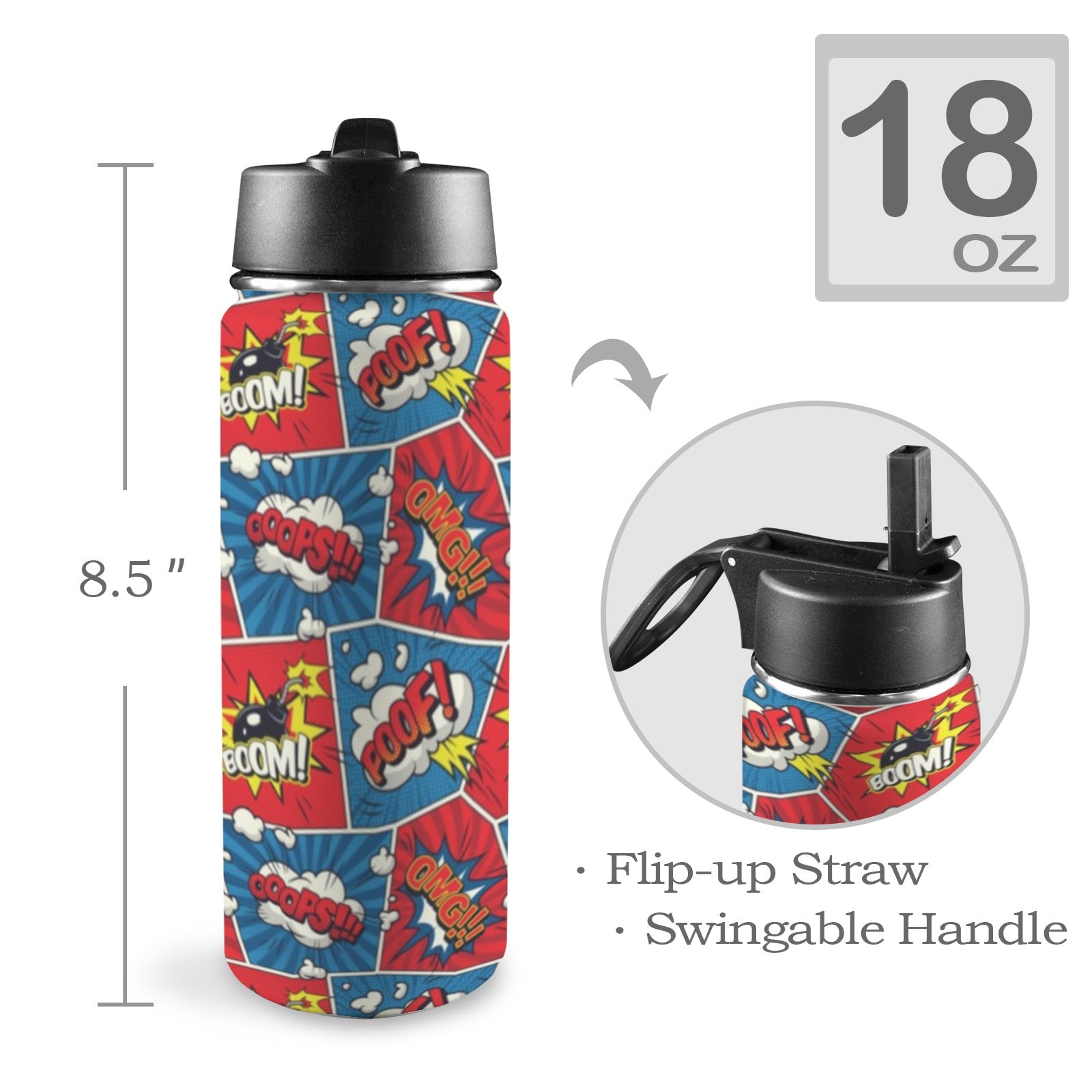 Comic Book Pop - Insulated Water Bottle with Straw Lid (18oz) Insulated Water Bottle with Swing Handle Printed Offshore