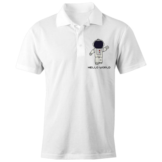 Astronaut, Hello World - Chad S/S Polo Shirt, Printed White Polo Shirt Space