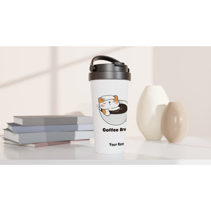 Personalised - Cat Coffee Break - White 15oz Stainless Steel Travel Mug Personalised Travel Mug animal Coffee Customise Globally Fulfilled Personalise