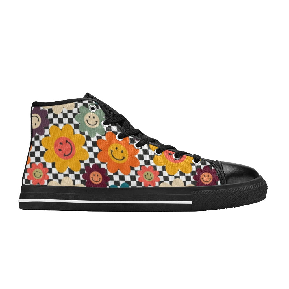 Happy Retro Flowers - Kids High Top Canvas Shoes